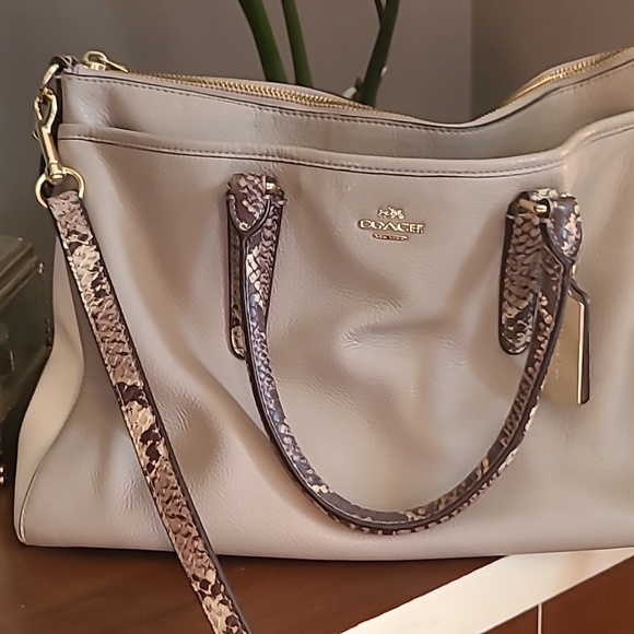 Coach Leather Shoulder and Crossbody Purse, Taupe and Snakeprint - Picture 2 of 6